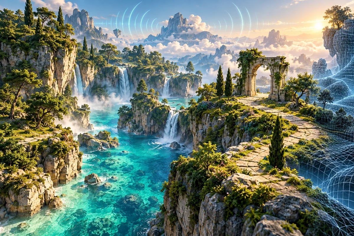 Ilustración conceptual de un mundo de acantilados y ríos con malla digital y ondas de sonido; no es una captura de Genie 4.